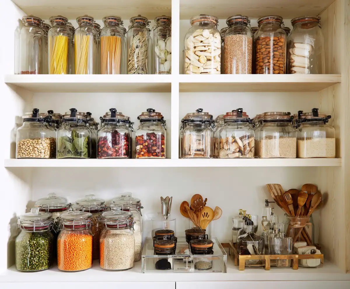 mediterranean pantry with neatly organized glass jars on open shelves