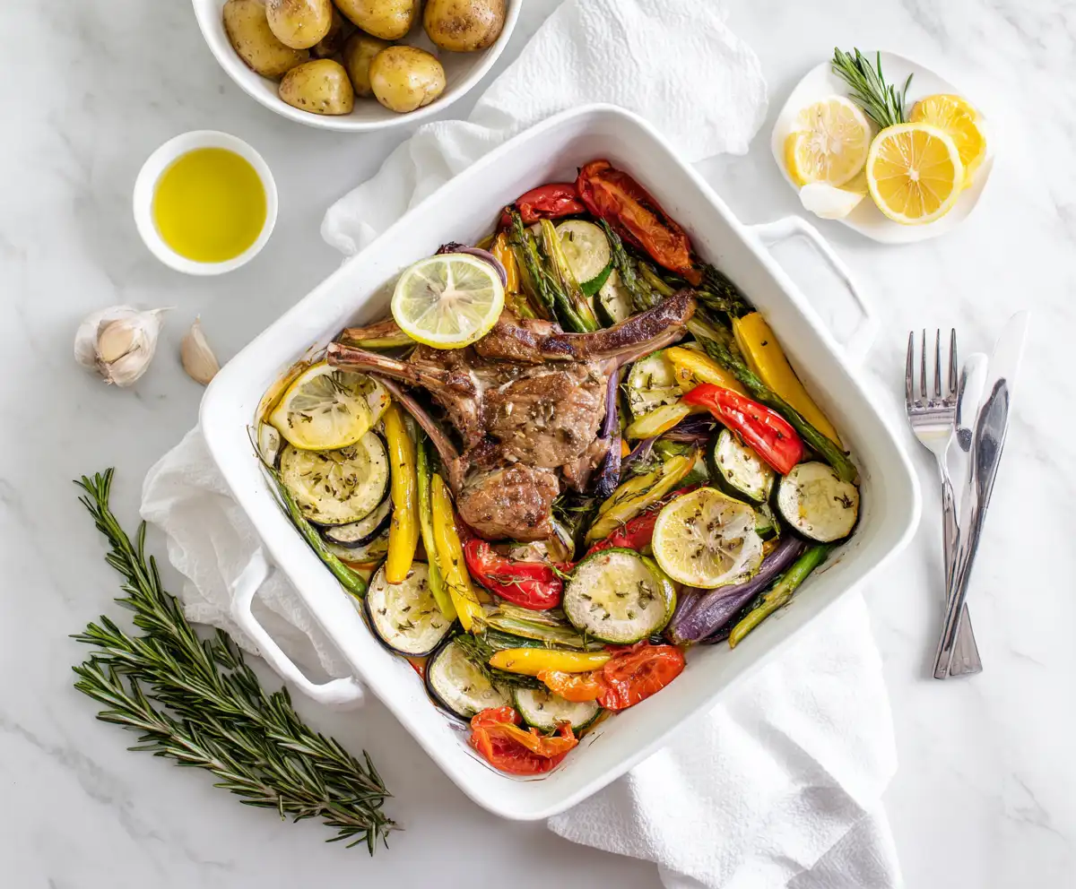 Mediterranean roasted lamb chops with lemon slices, rosemary, and grilled vegetables in a white baking dish