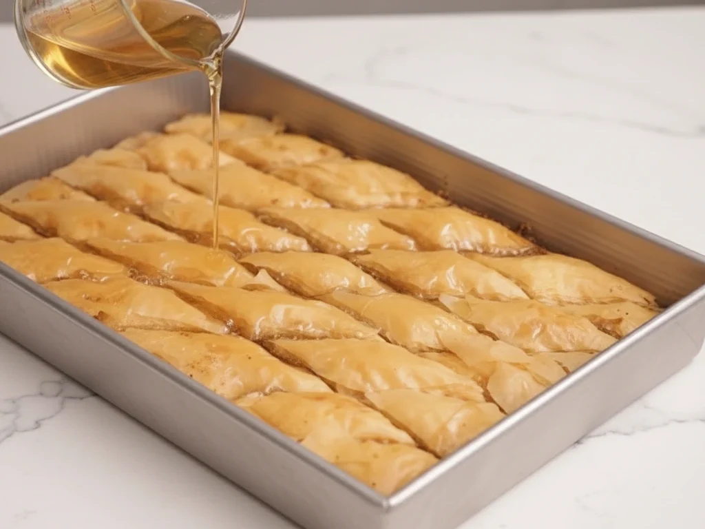 Pouring honey syrup over freshly baked Mediterranean baklava in a metal tray