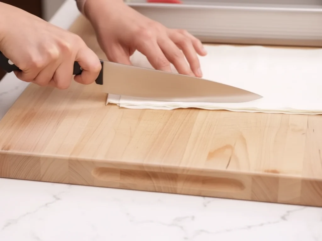 Hands cutting phyllo dough for Mediterranean baklava on a wooden board