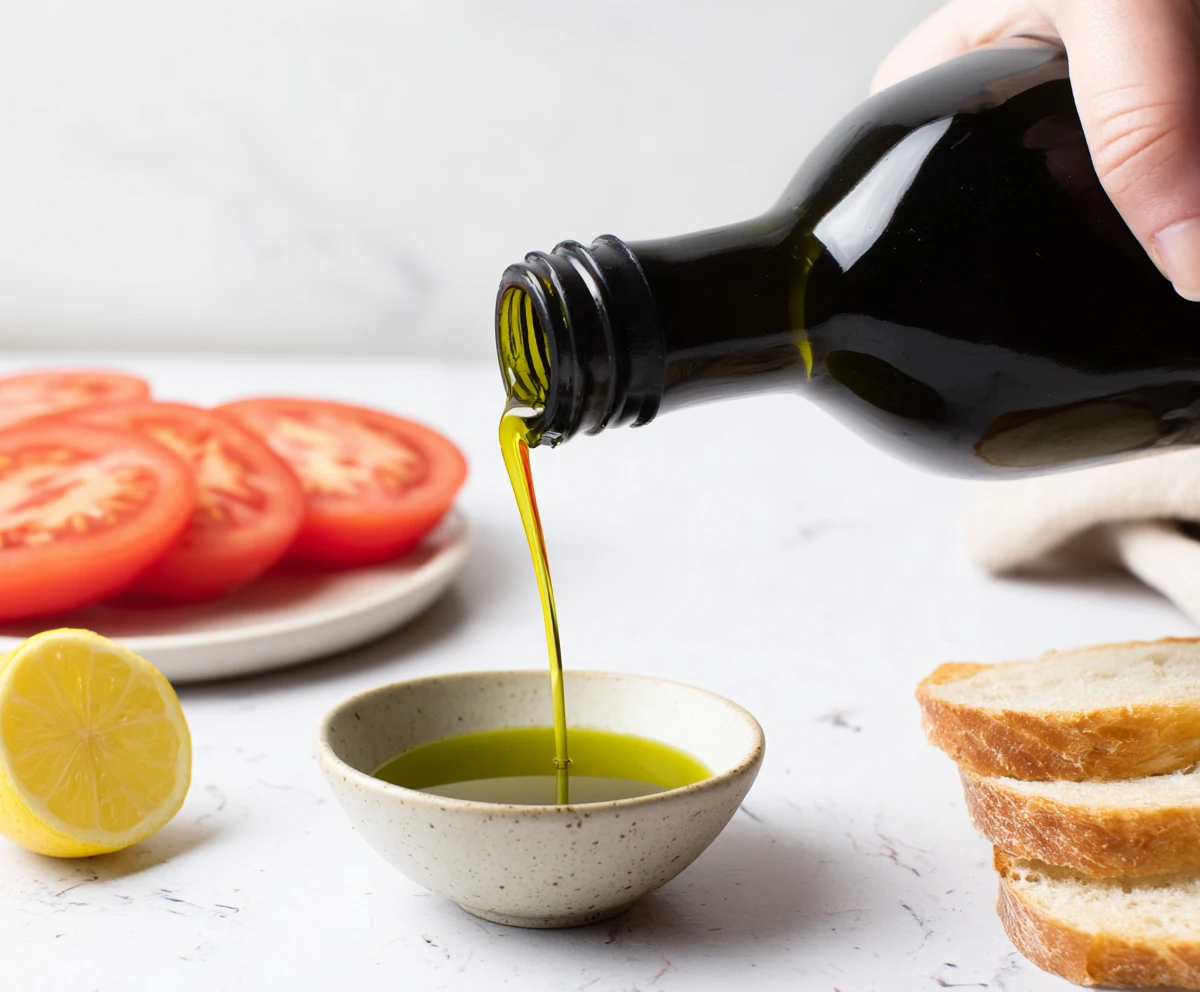 types of olive oil being poured into a small bowl with tomatoes bread and lemon
